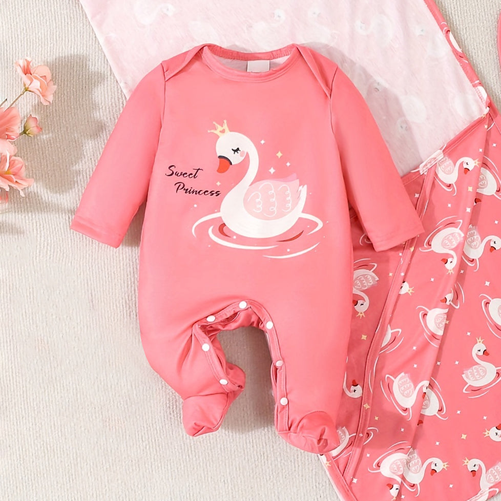 Cartoon Swan Printed Long Sleeve Footed Baby Jumpsuit