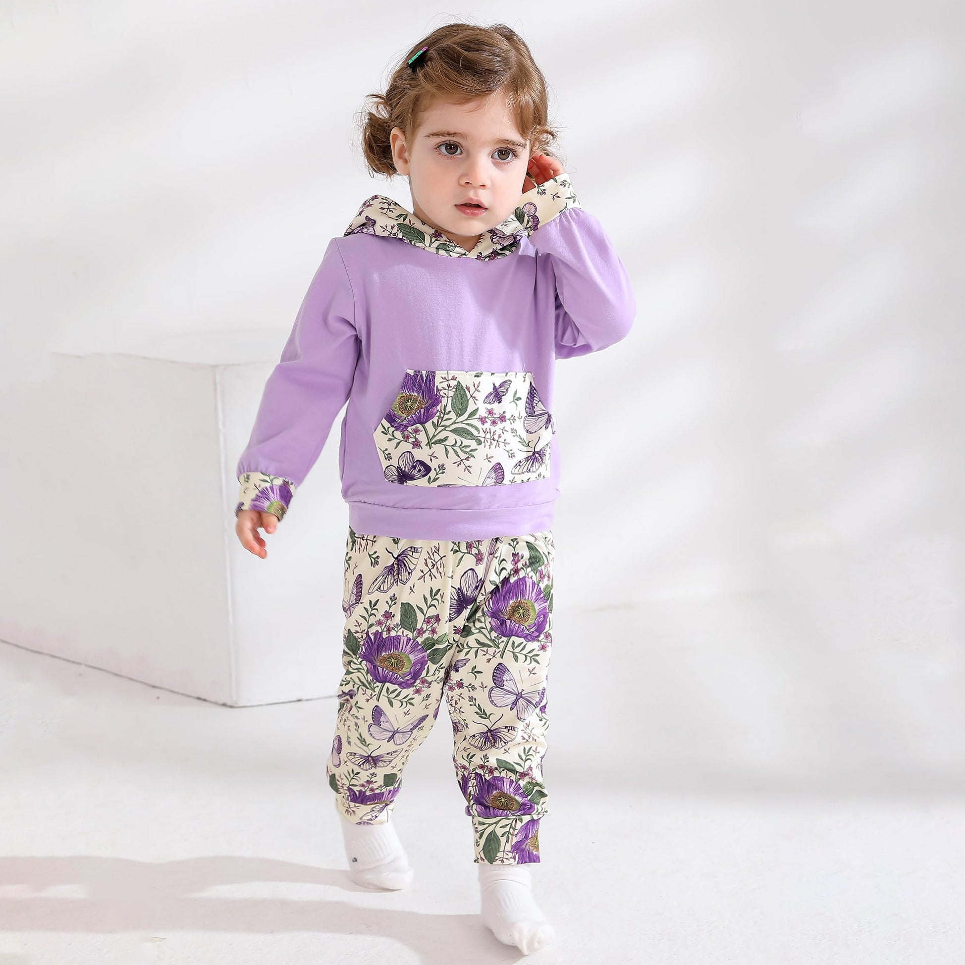 2PCS Elegant Floral Butterfly Printed Hooded Long Sleeve Baby Set