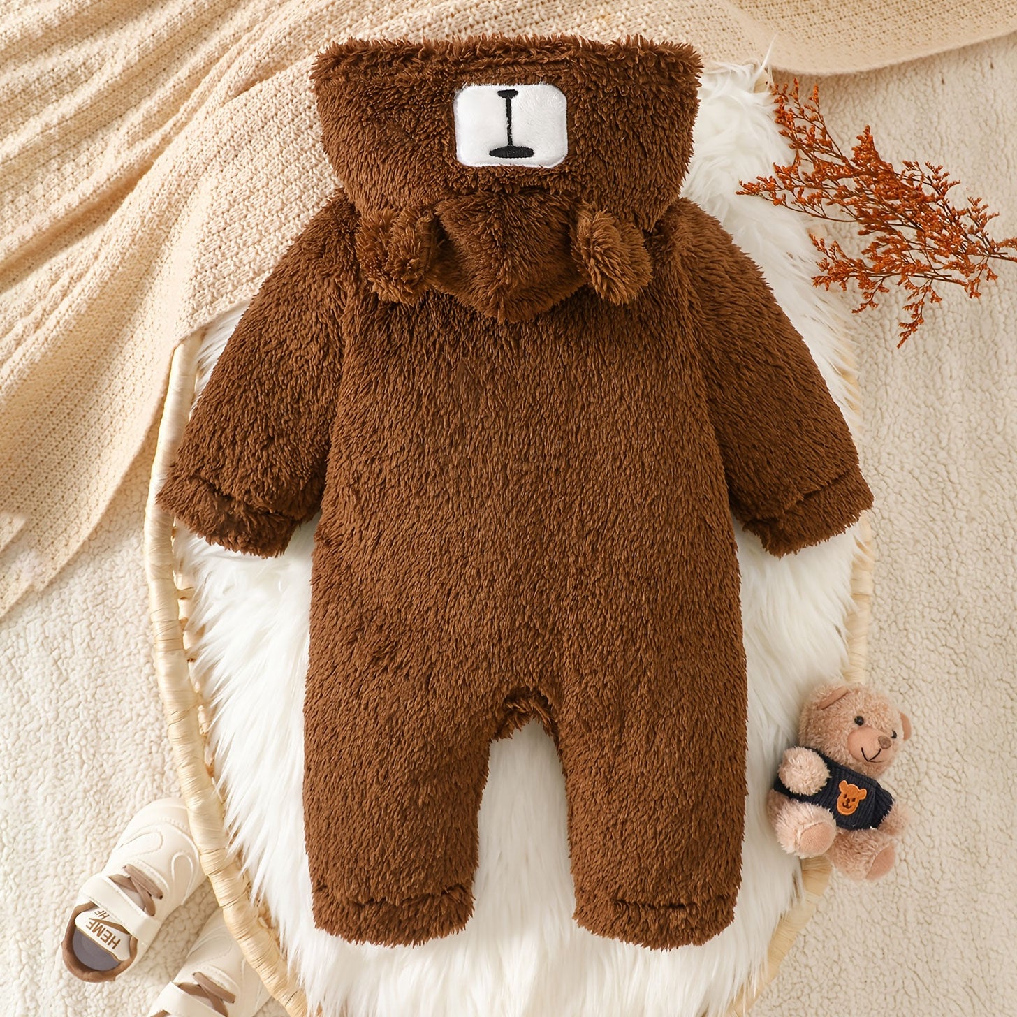 Lovely Fuzzy 3D Bear Printed Zipper Long Sleeve Baby Jumpsuit