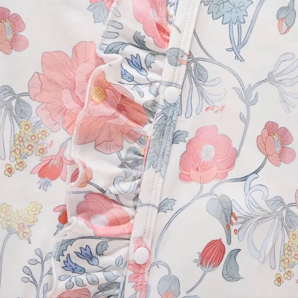 2PCS Elegant Floral Printed Ruffle Decor Zipper Baby Jumpsuit