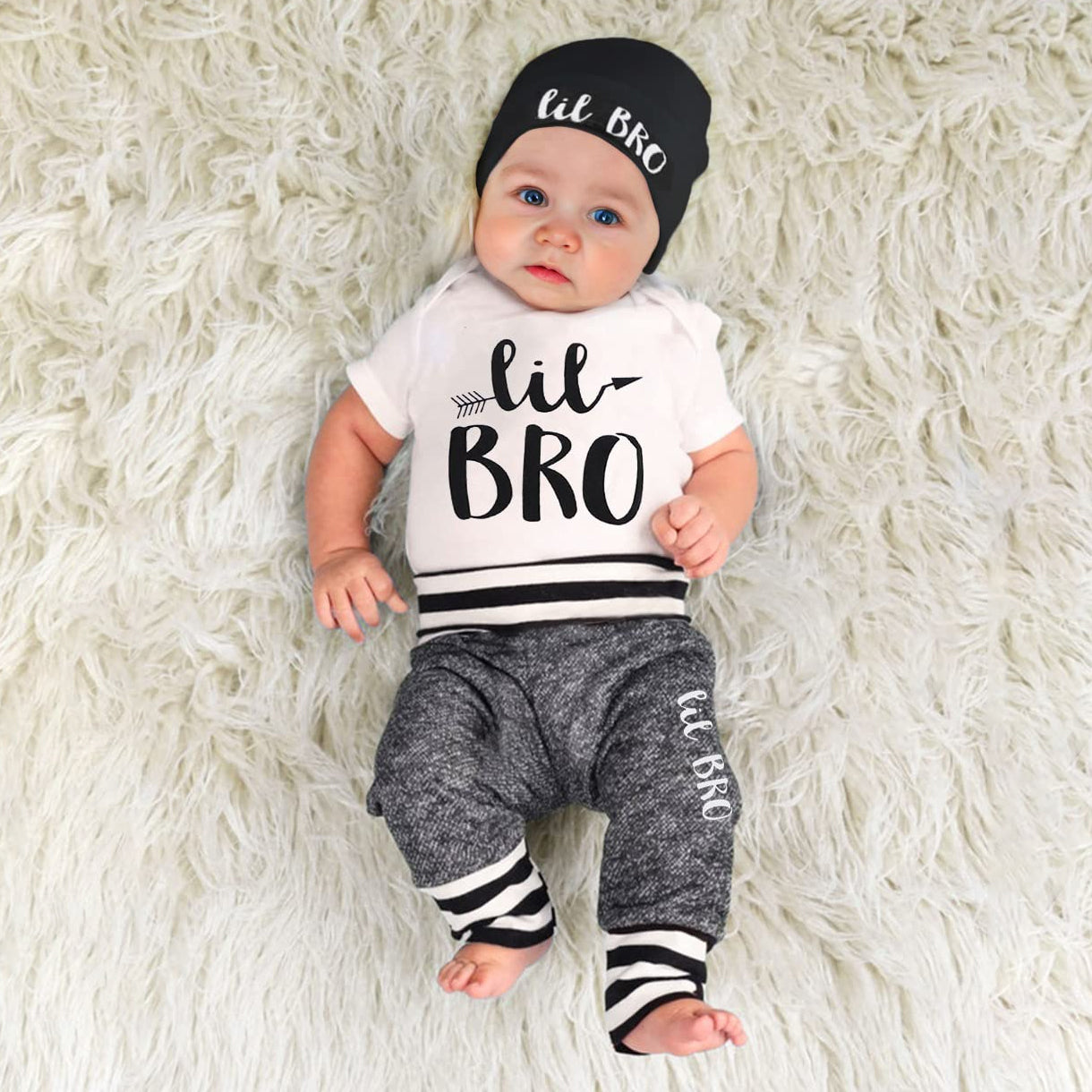 3PCS Lil Bro Letter Stripe Printed Short Sleeve Baby Set