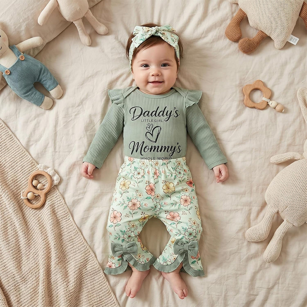 3PCS Daddy's Little Girl Mommy's Whole World Letter Floral Print Baby Set