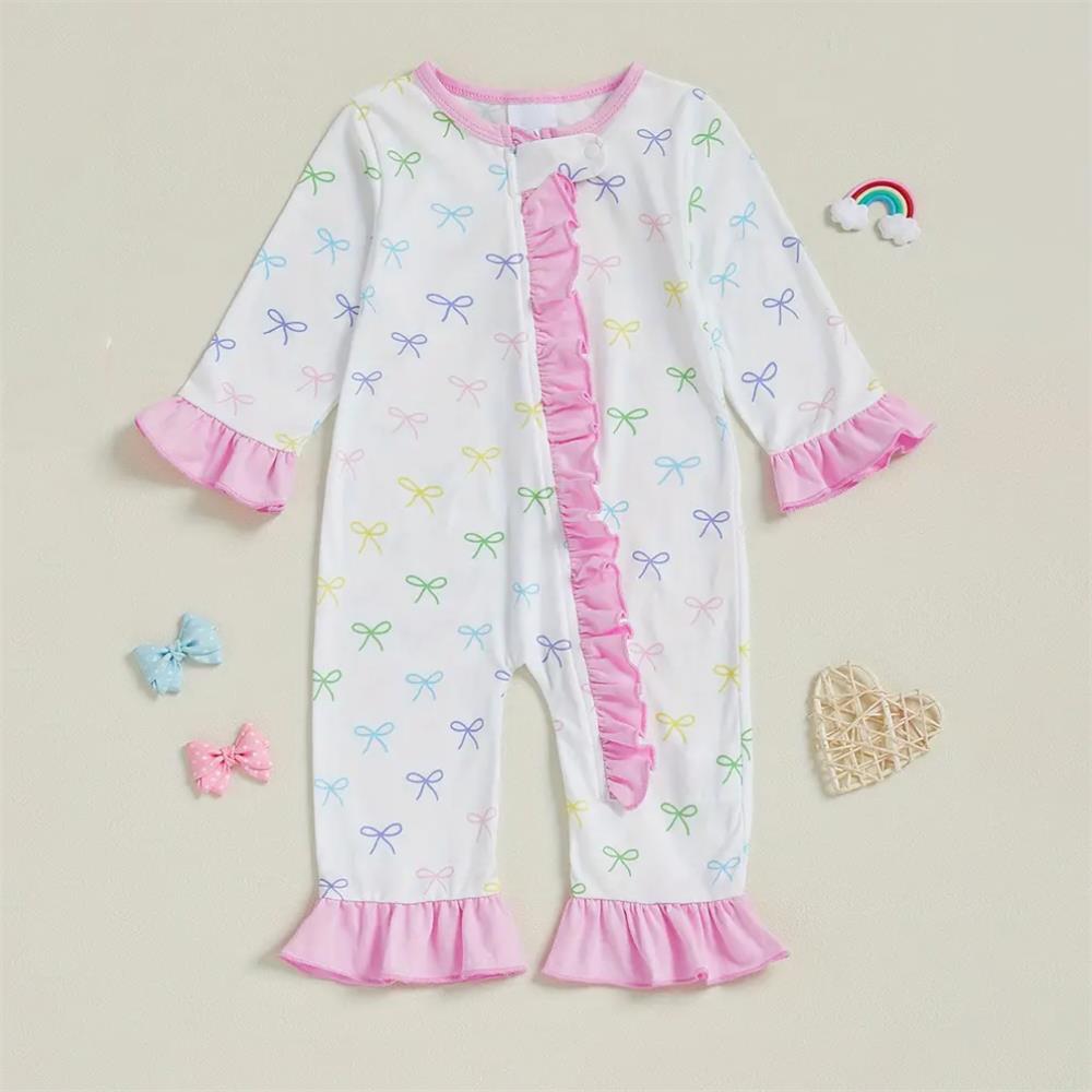 Trend Bow Printed Ruffle Zipper Baby Jumpsuit