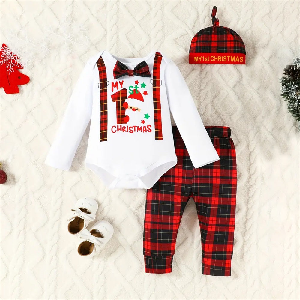 3PCS My 1st Christmas Letter Print Plaid Long Sleeve Baby Set
