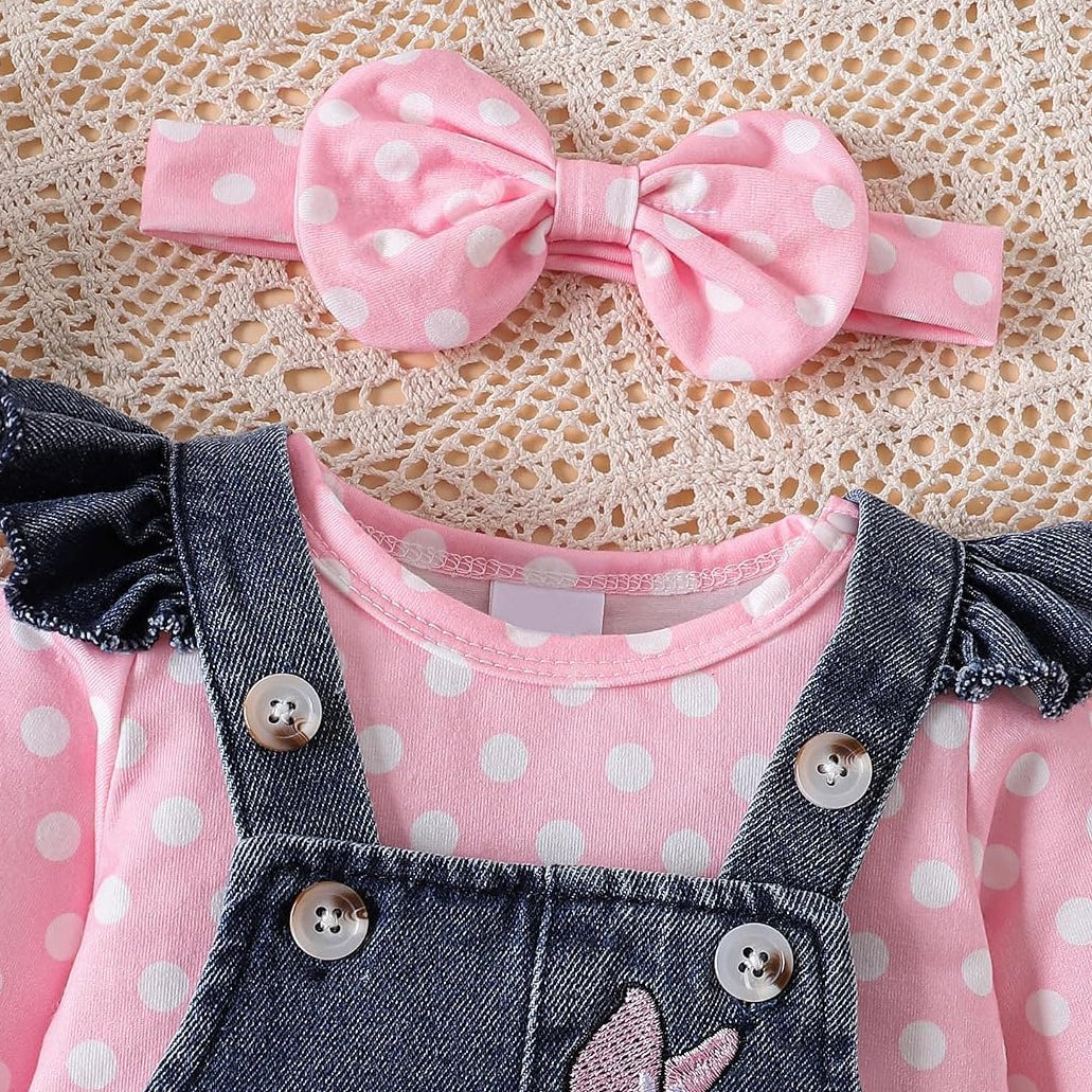 3PCS Sweet Polka Dots Print Elephant Embroidery Baby Overalls Set
