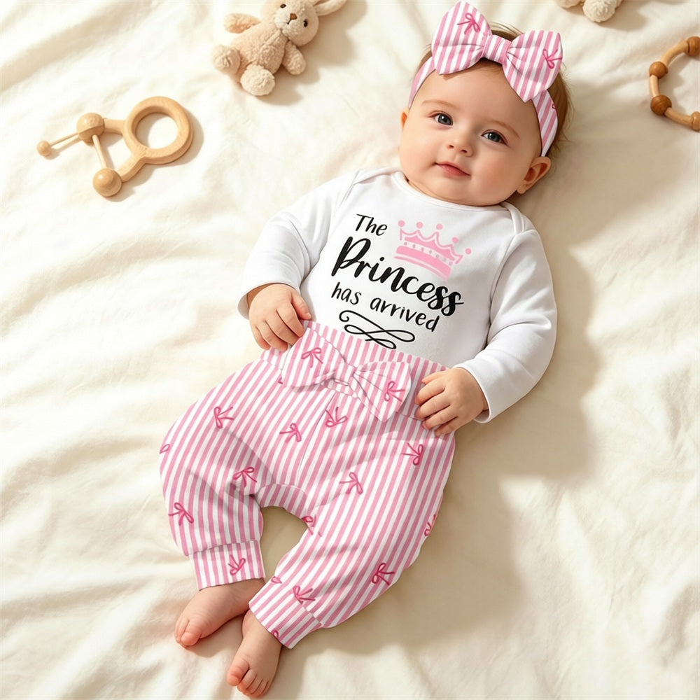 4PCS The Princess Has Arrived Letter Bow Stripe Print Baby Set