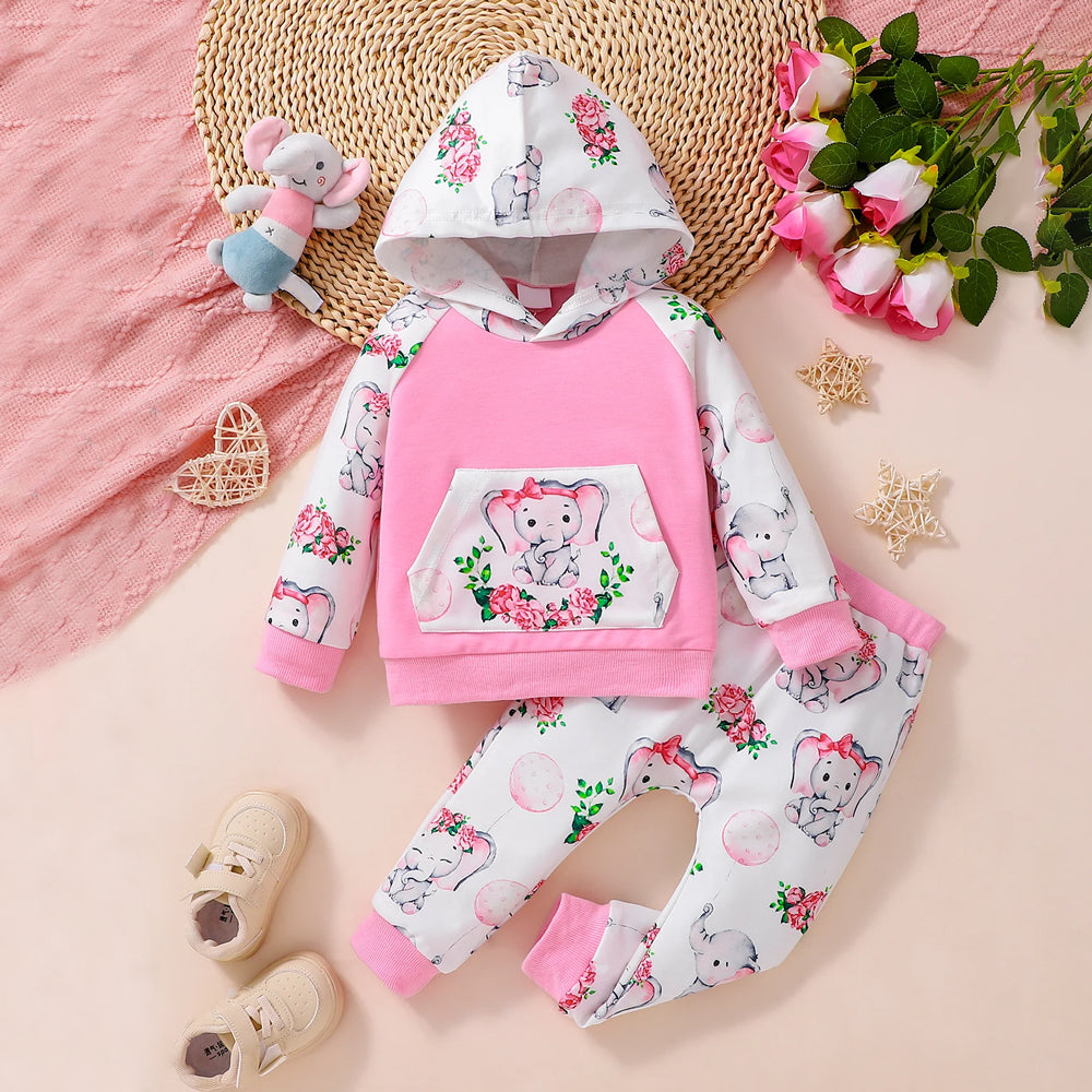 2PCS Elephant Floral Printed Hooded Long Sleeve Baby Set