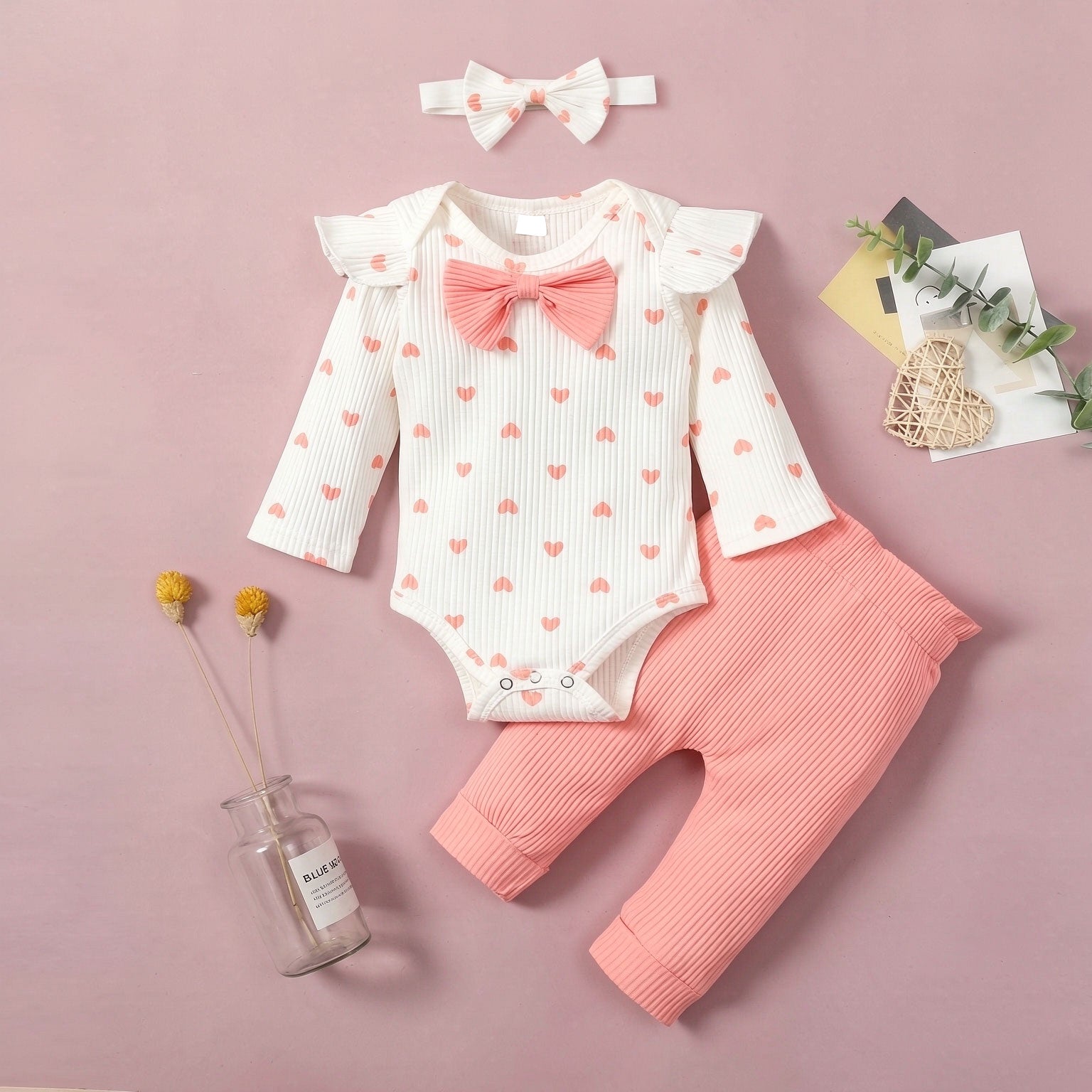 3PCS Pretty Heart Printed Bow Long Sleeve Baby Set