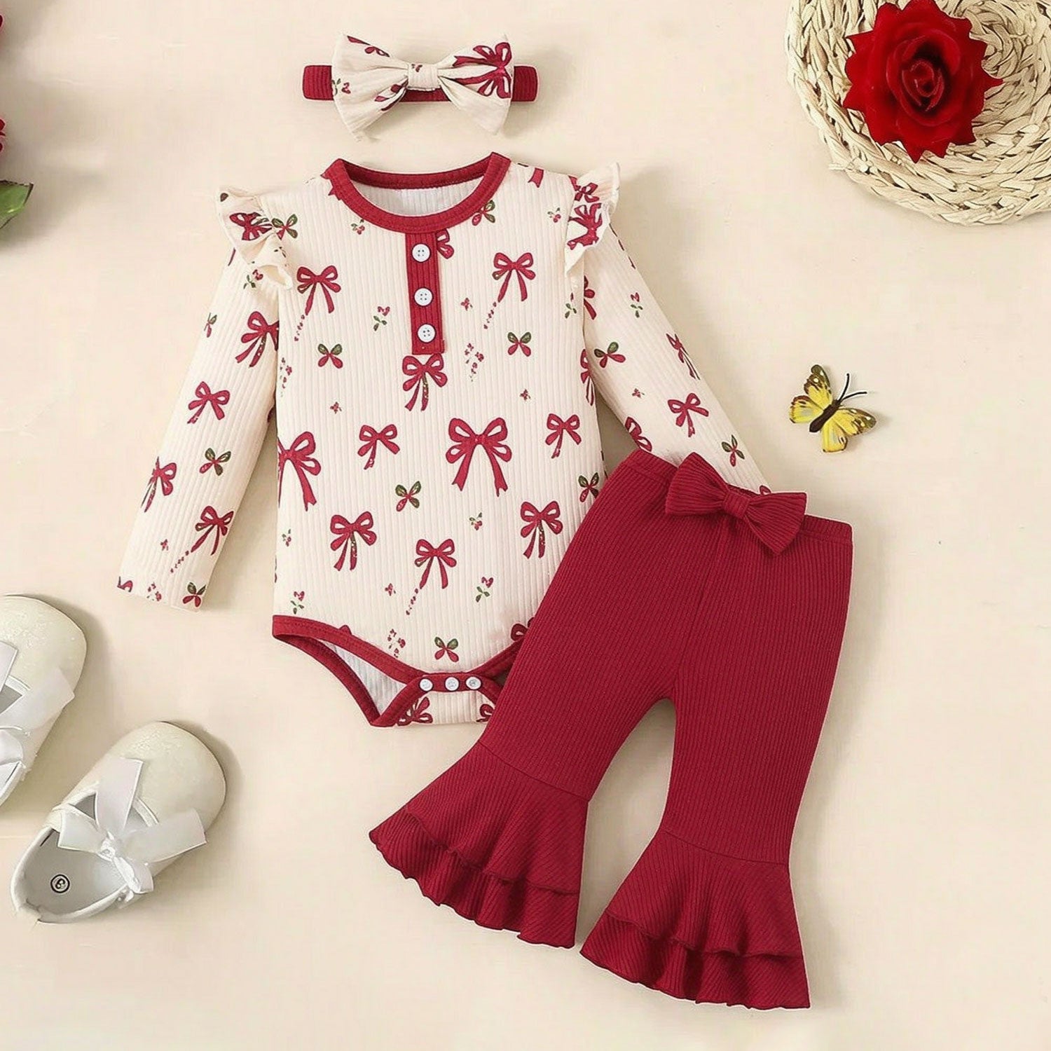 3PCS Grace Bow Printed Long Sleeve Baby Girl Set