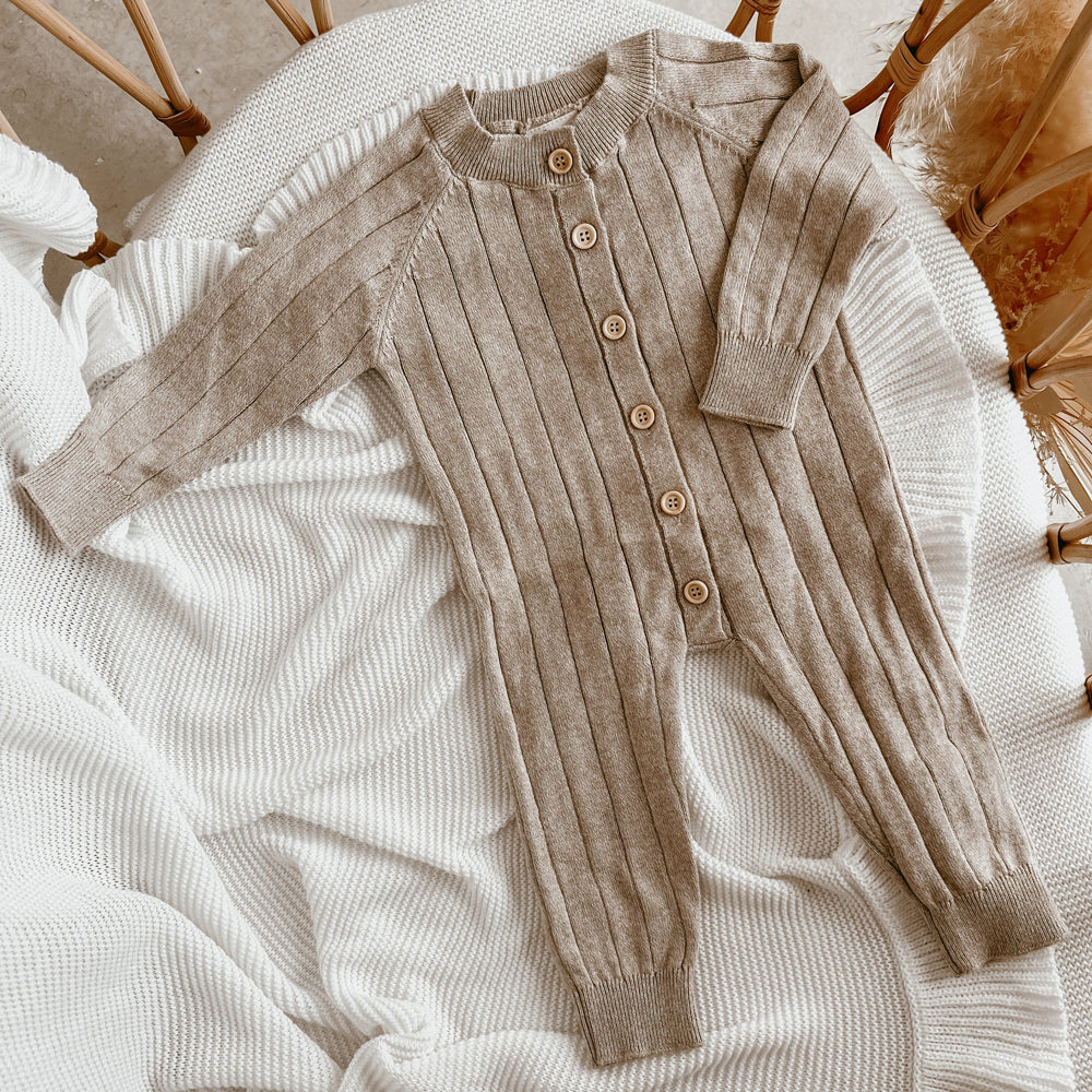 Comfy Solid Color Knit Long Sleeve Baby Jumpsuit