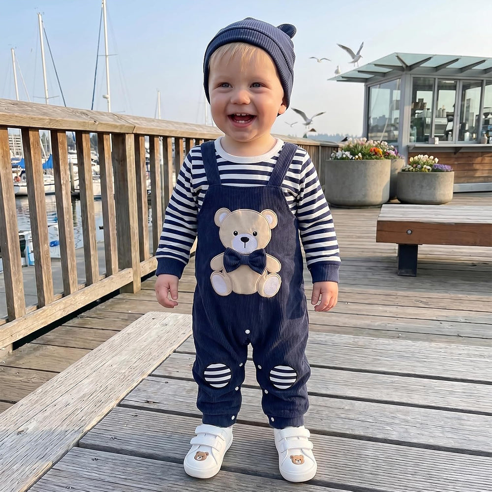 2PCS Adorable Bear Stripe Print Bow Baby Jumpsuit