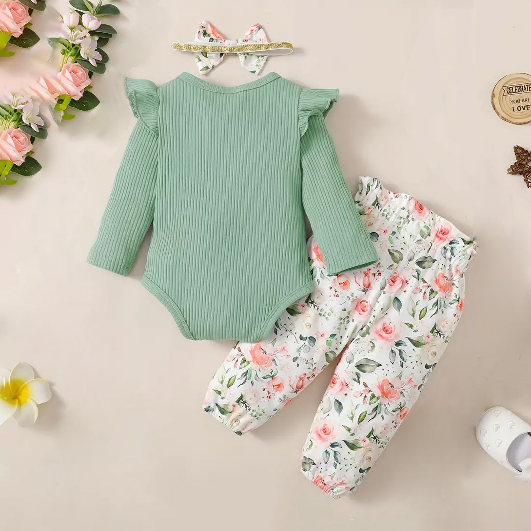 3PCS Adorable Floral Printed Lace Decoration Bowknot Long Sleeve Baby Set