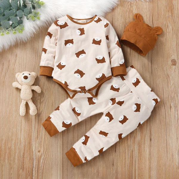 3PCS Lively Bear Printed Long Sleeve Baby Set