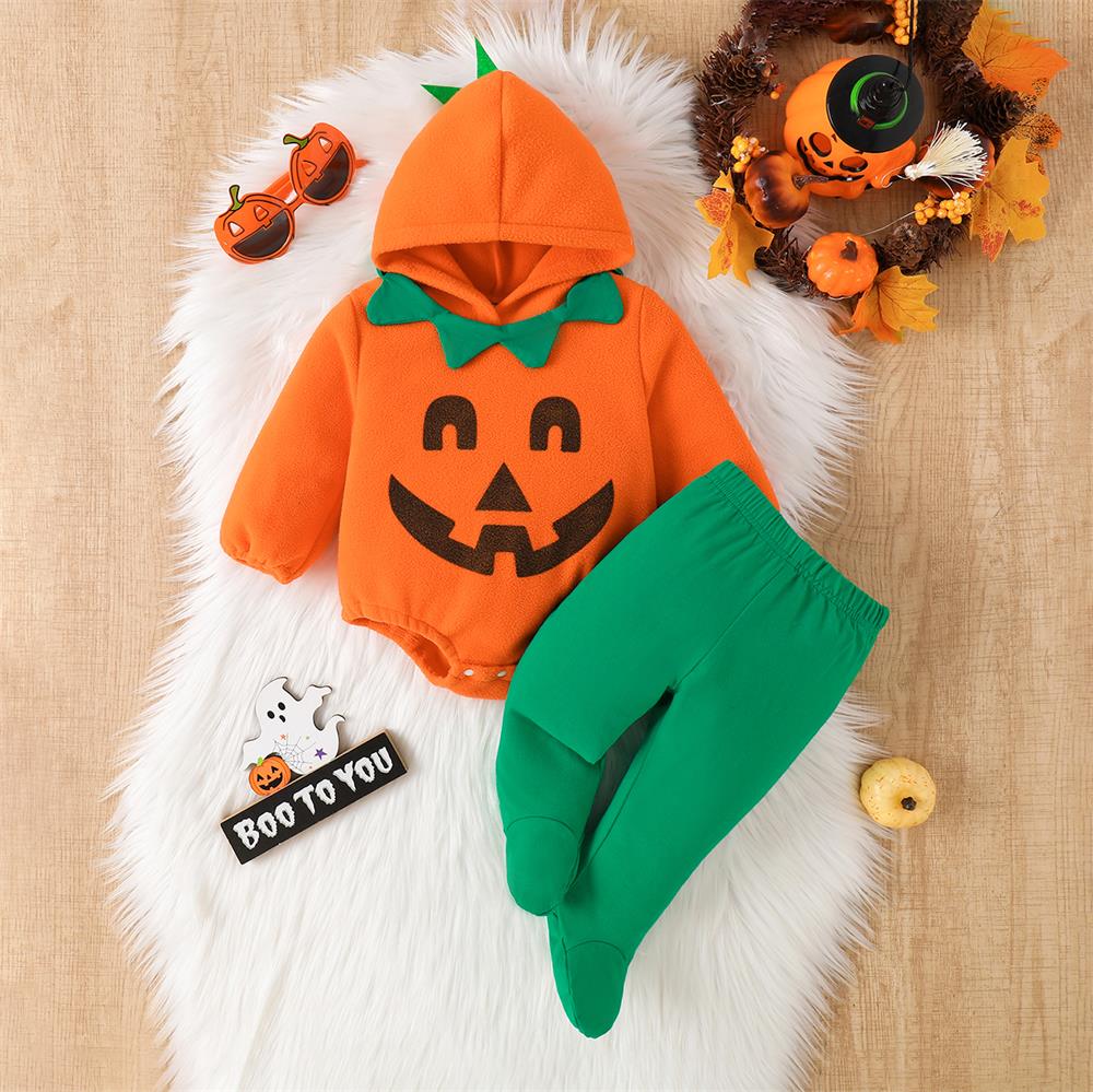 2PCS Pumpkin Printed Long Sleeve Hooded Baby Set