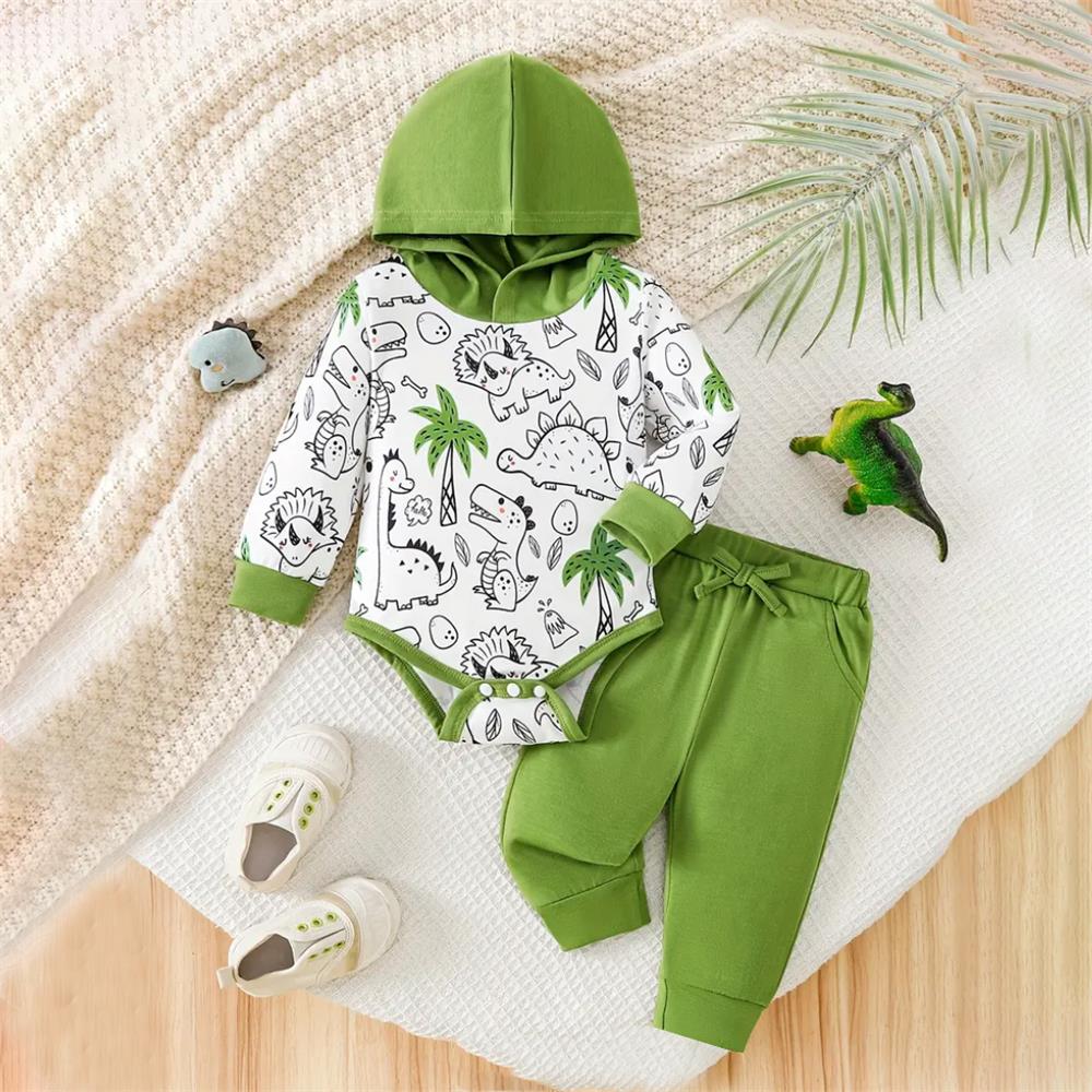 2PCS Casual Dinosaur Print Long Sleeve Hoodie Baby Set