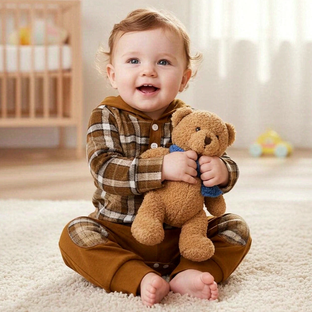 2PCS Dapper Plaid Printed Long Sleeve Hooded Baby Boy Set