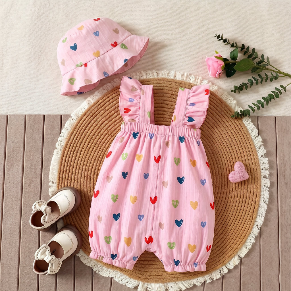 2PCS Classic Heart Print Flutter Sleeve Baby Jumpsuit
