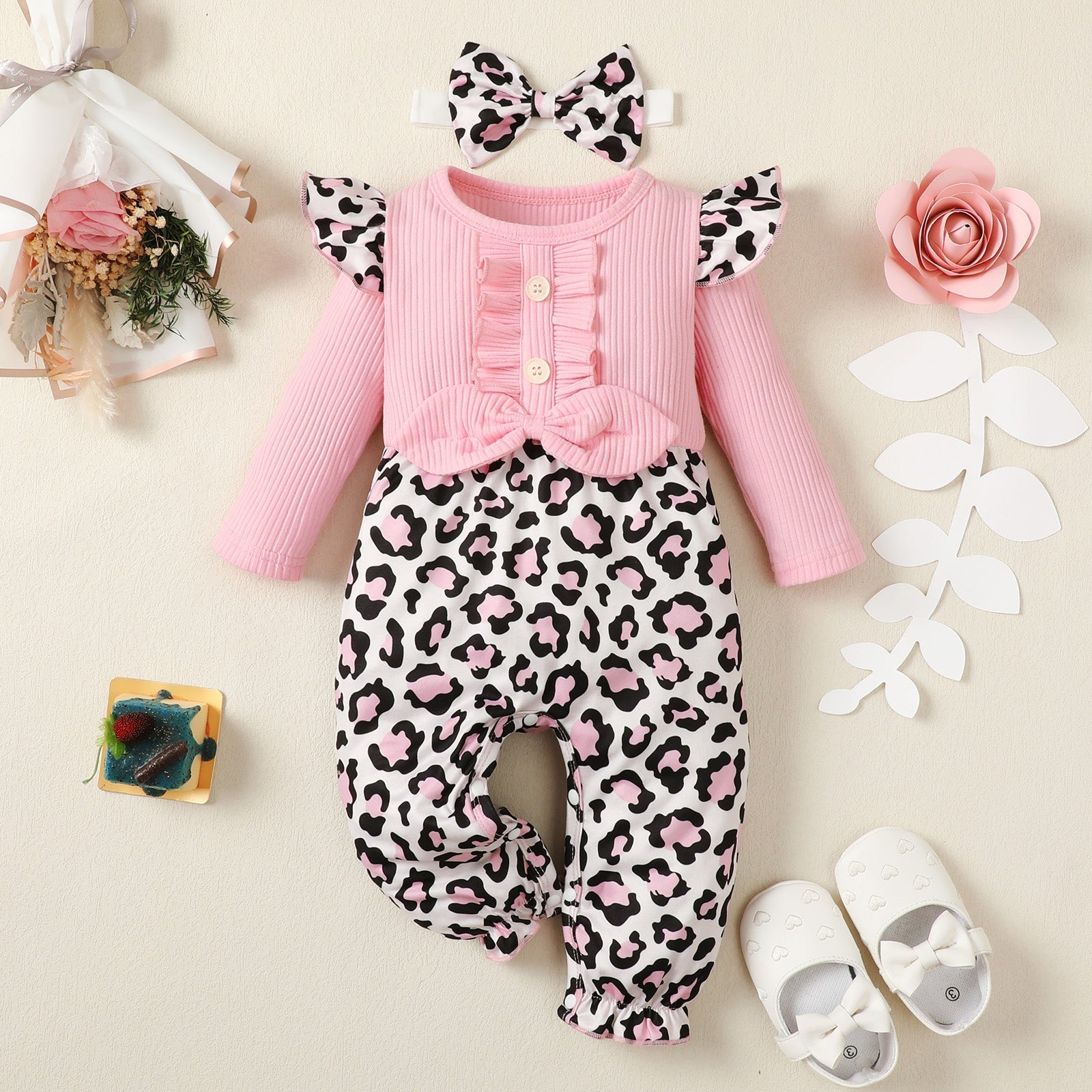 2PCS Sweet Leopard Printed Long Sleeve Baby Jumpsuit