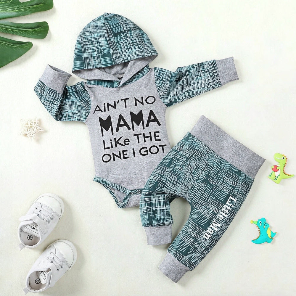 2PCS Ain't No Mama Letter Irregular Line Grid Print Hoodie Baby Set