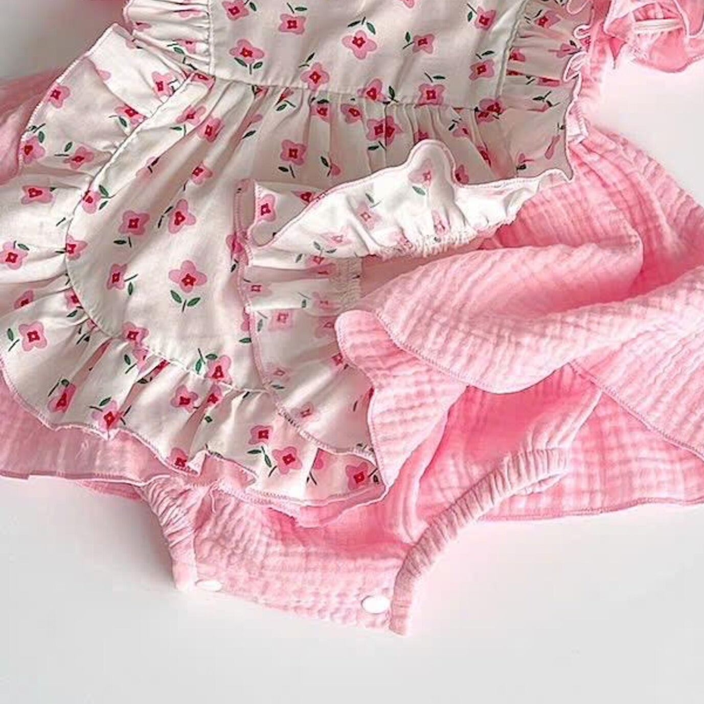 2PCS Adorable Ditsy Floral Print Puff Sleeve Baby Girl Romper