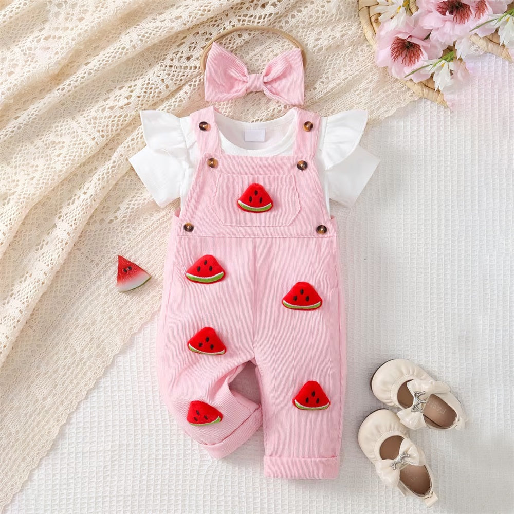 3PCS Cute Watermelon Decoration Short Sleeve Baby Overalls Set