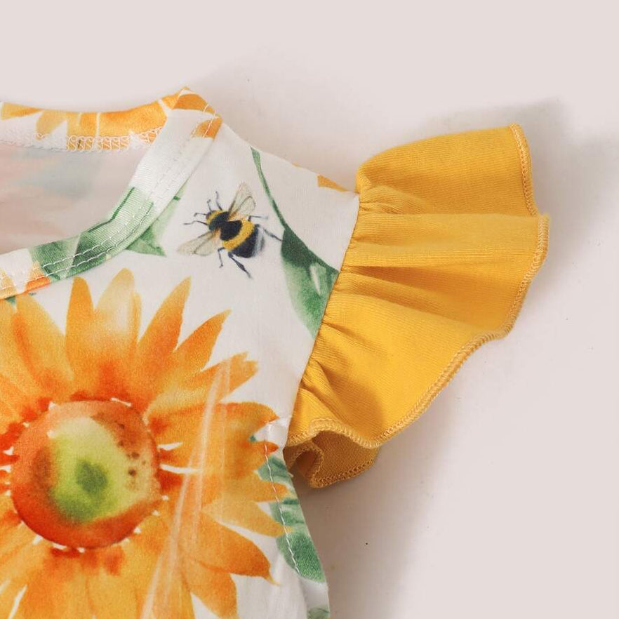 Lovely Sunflower Print Bow Flutter Sleeve Baby Jumpsuit