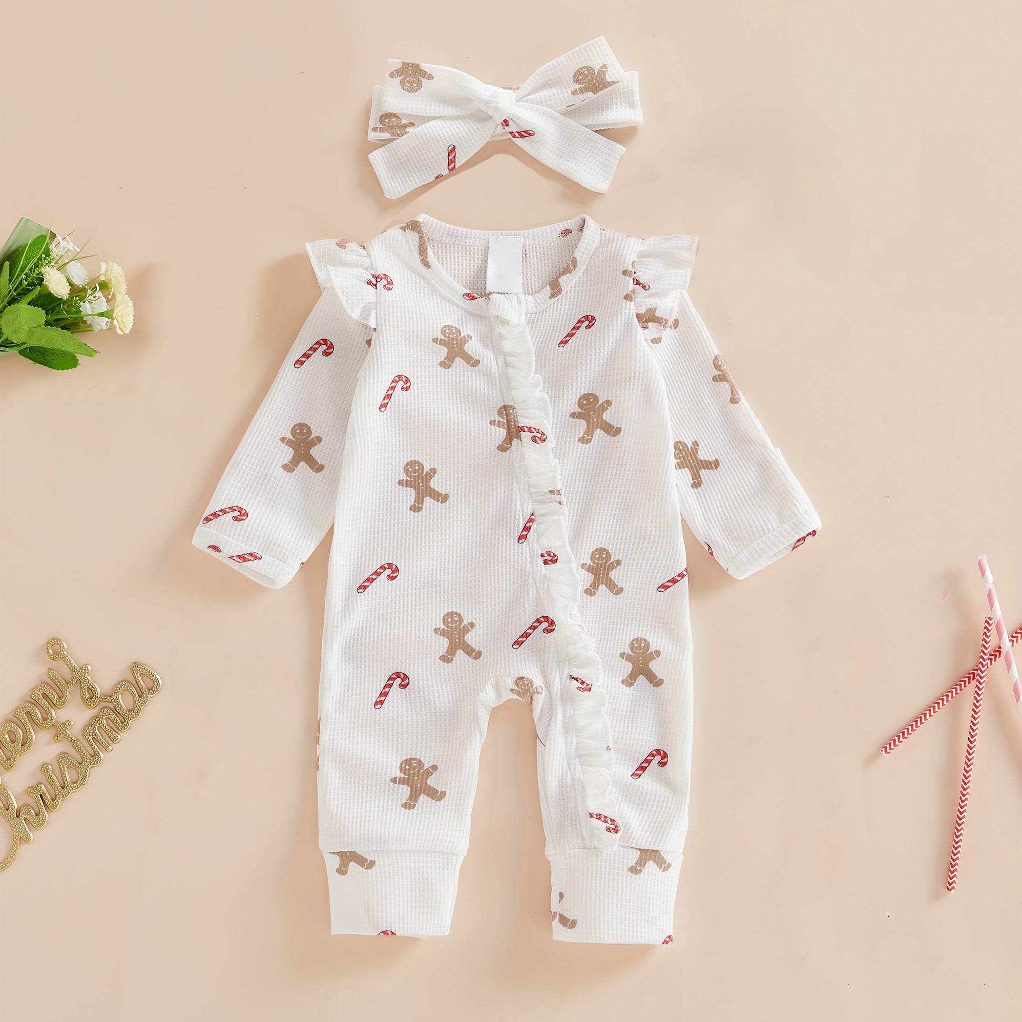 2PCS Lovely Christmas Gingerbread Printed Long Sleeve Baby Jumpsuit