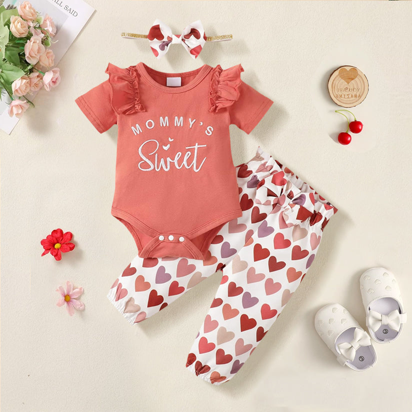 3PCS Mommy's Sweet Letter Heart Print Short Sleeve Baby Set