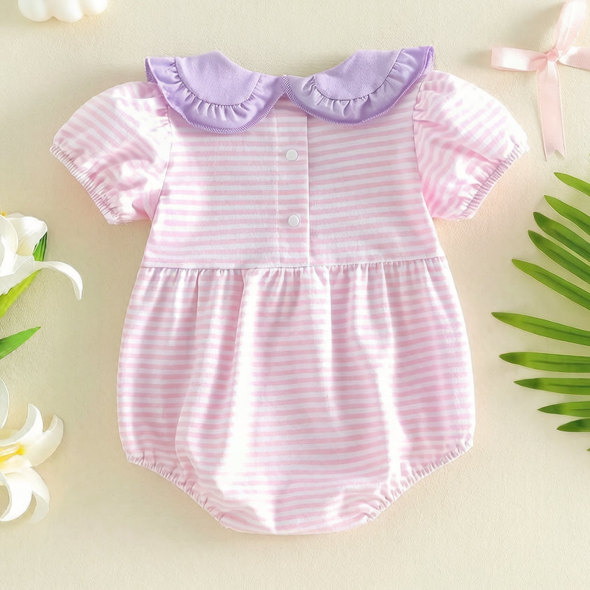 Grace Bow Embroidery Stripe Print Short Sleeve Baby Romper