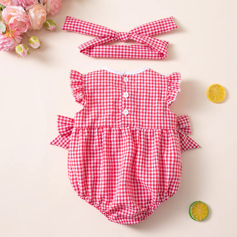 2PCS Cozy Plaid Print Eyelet Lace Trim Flutter Sleeve Baby Romper