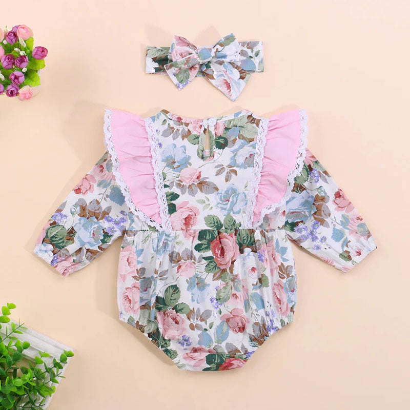2PCS Romantic Floral Printed Long Sleeve Baby Romper