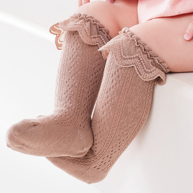 Breathable Mesh Lace Ruffle Decor Long Baby Socks