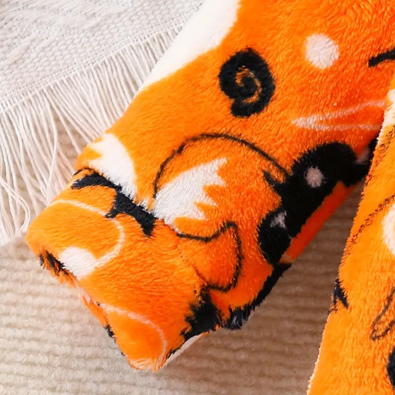 Halloween Pumpkin Print Thickened Plush Hooded Long Sleeve Baby Jumpsuit