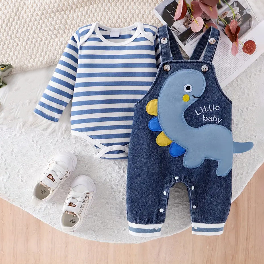 2PCS Stripe Printed Romper and Dinosaur Denim Overalls Baby Set