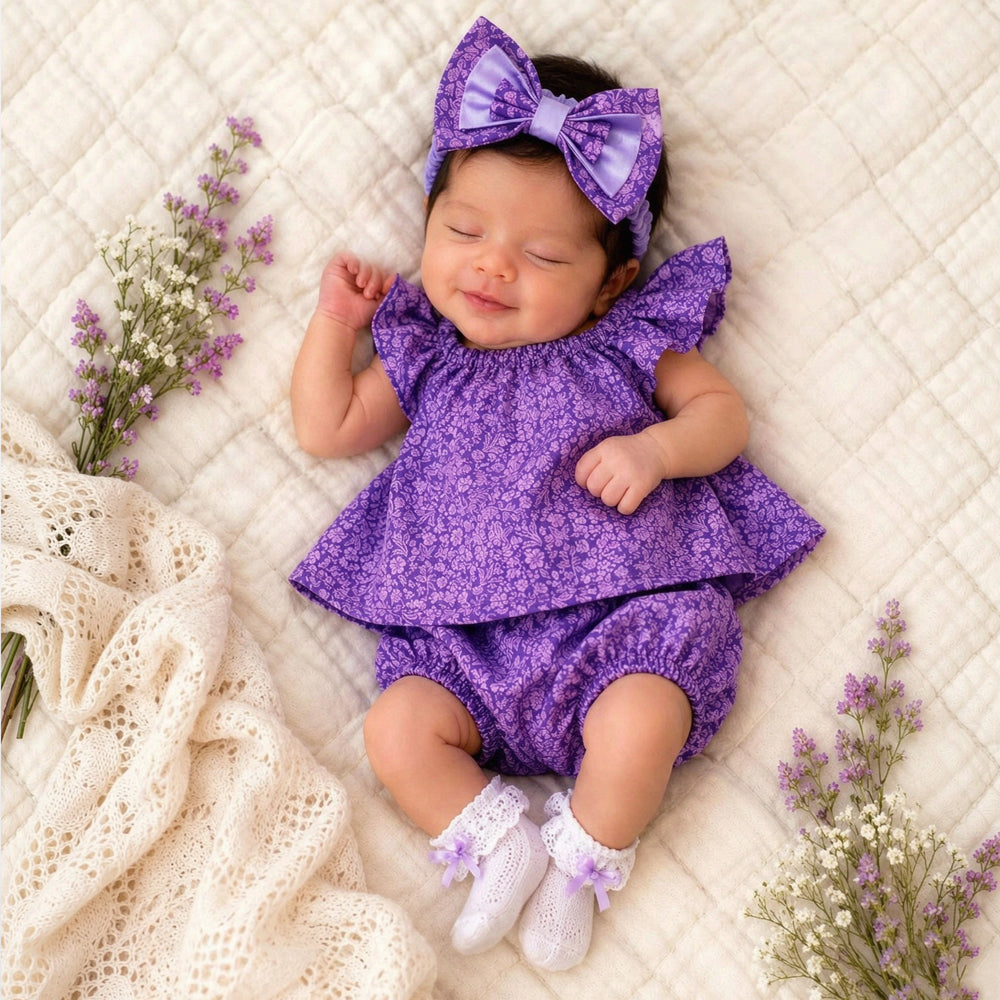 3PCS Classy Floral Printed Ruffled Flutter Sleeve Baby Set