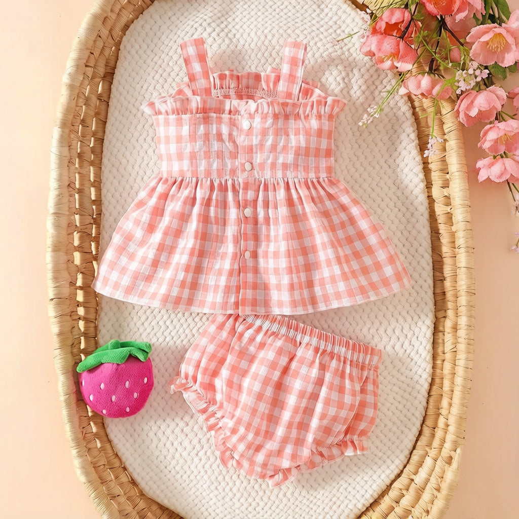 2PCS Sweet Strawberry Plaid Printed Sleeveless Baby Set