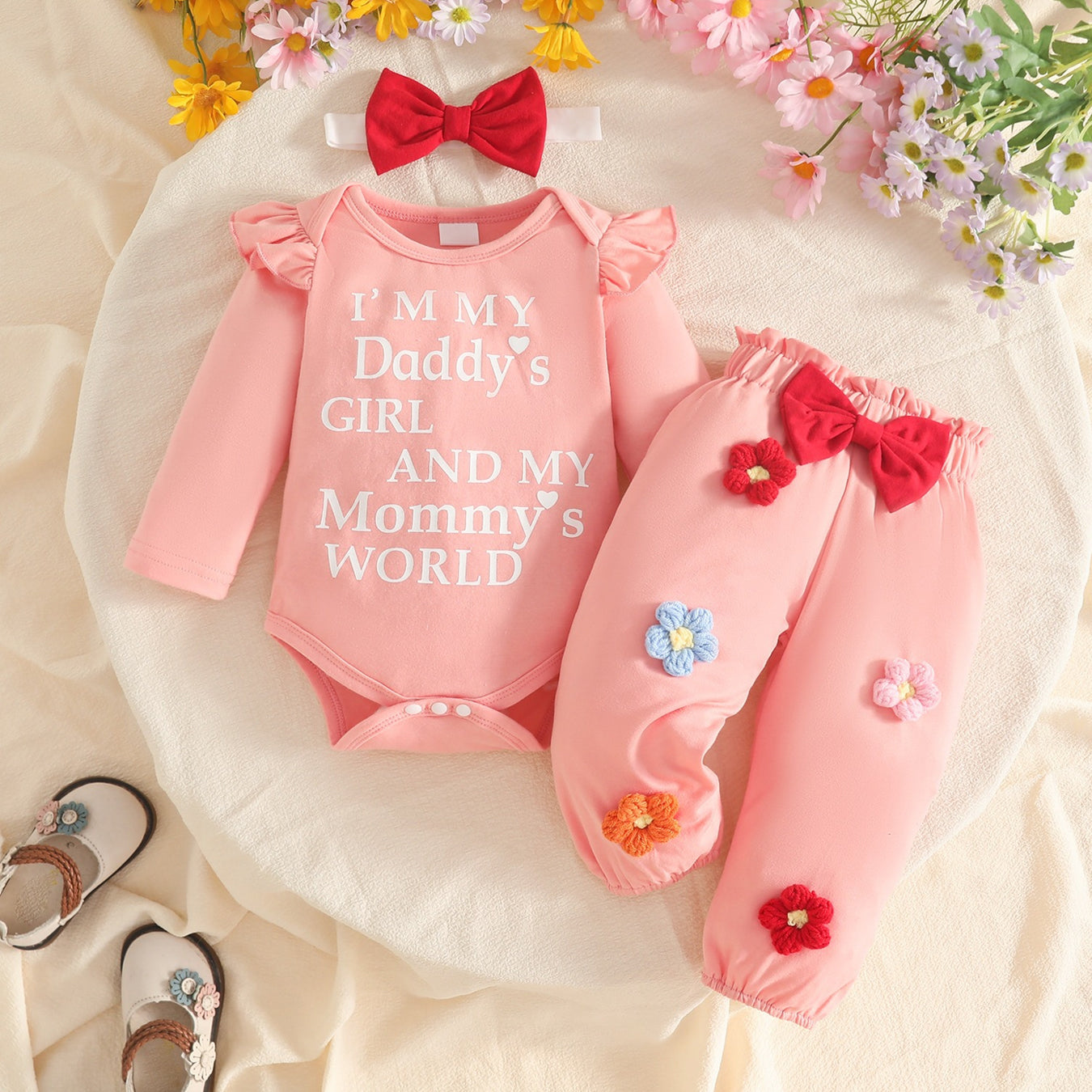 3PCS Daddy's Girl Mommy's World Letter Print Floral Appliqué Baby Set