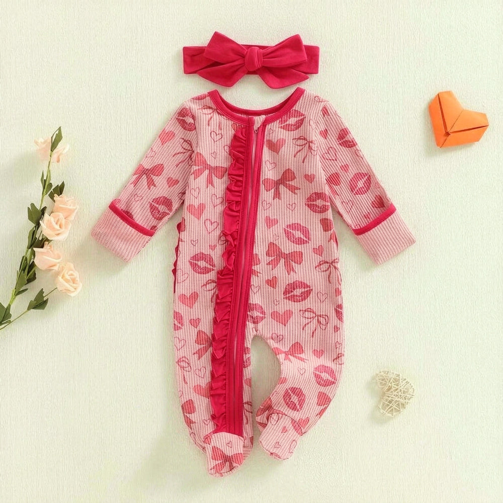 2PCS Christmas Bowknot Heart Printed Long Sleeve Zipper Baby Jumpsuit