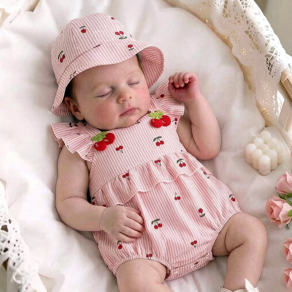 2PCS Sweet Cherry Print Flutter Sleeve Baby Romper