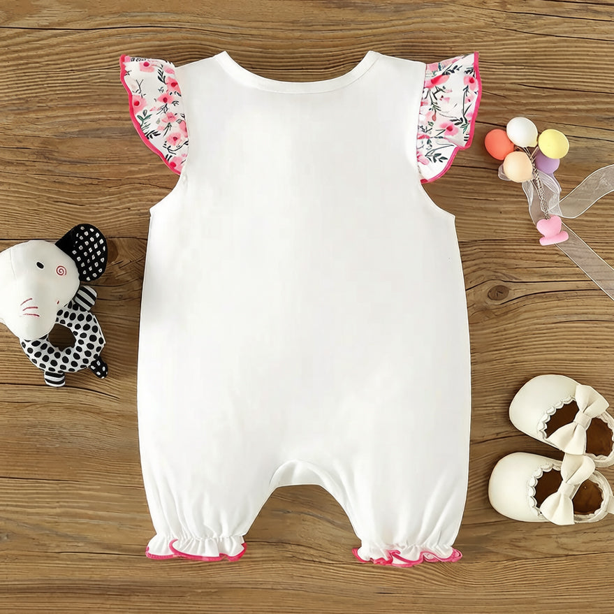 Lovely Elephant Floral Print Flounce Sleeve Baby Jumpsuit