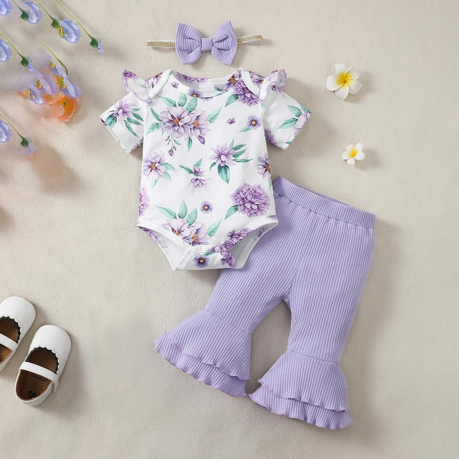 3PCS Classy Floral Printed Short Sleeve Baby Set