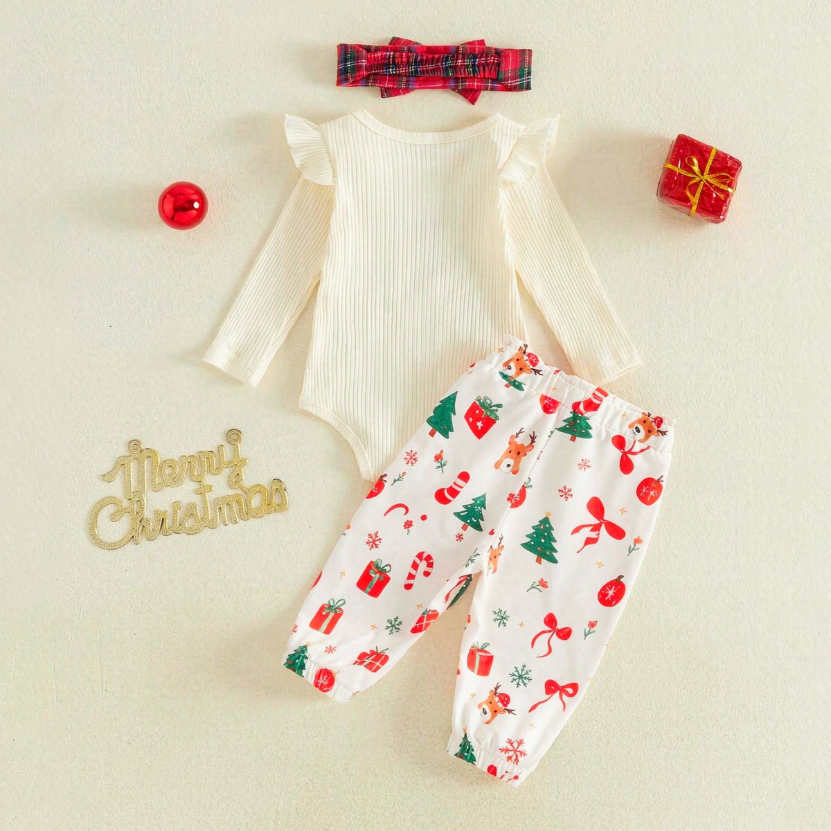 3PCS Merry Christmas Letter Holiday Print Long Sleeve Baby Girl Set