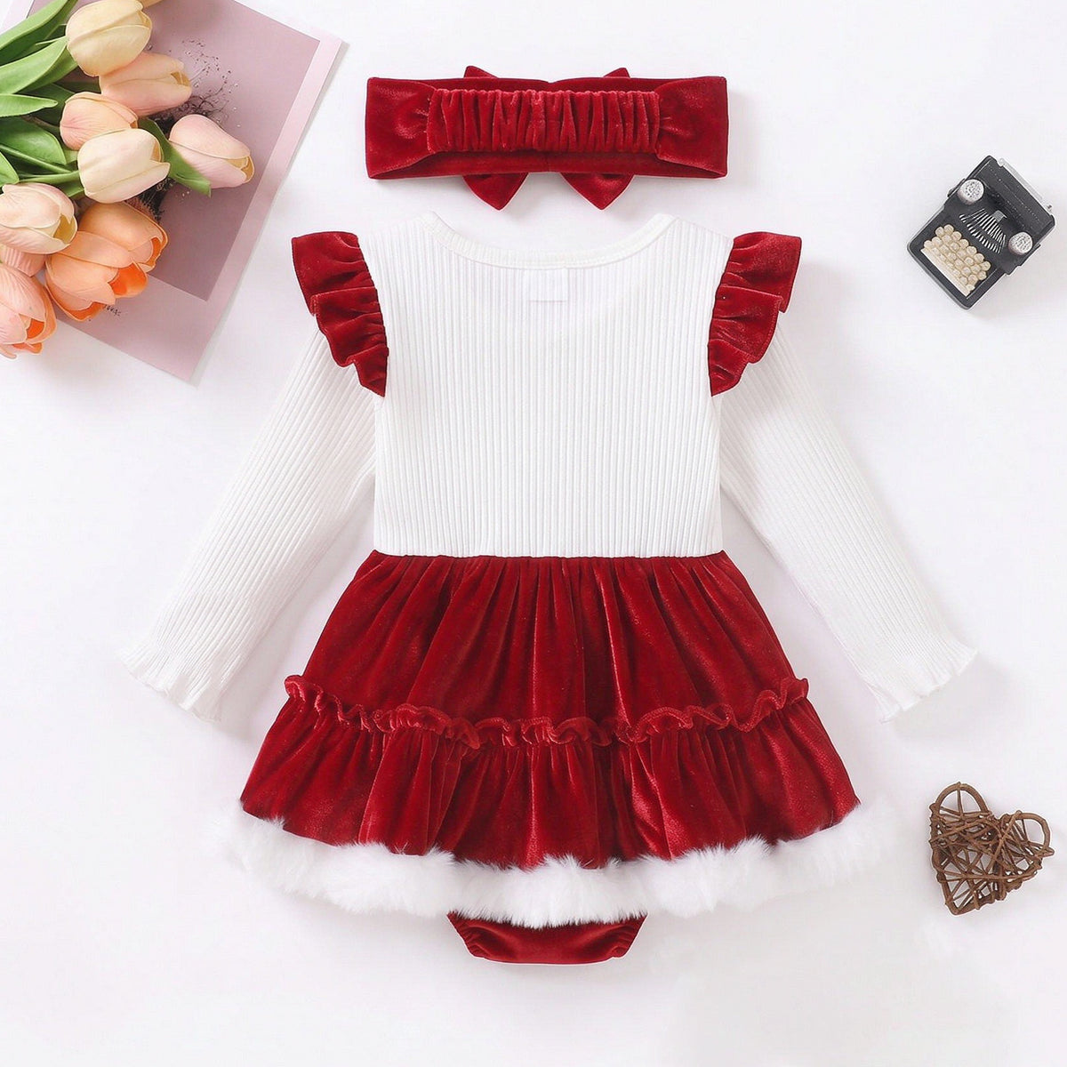 2PCS Chic Color Block Long Sleeve Baby Girl Velvet Romper