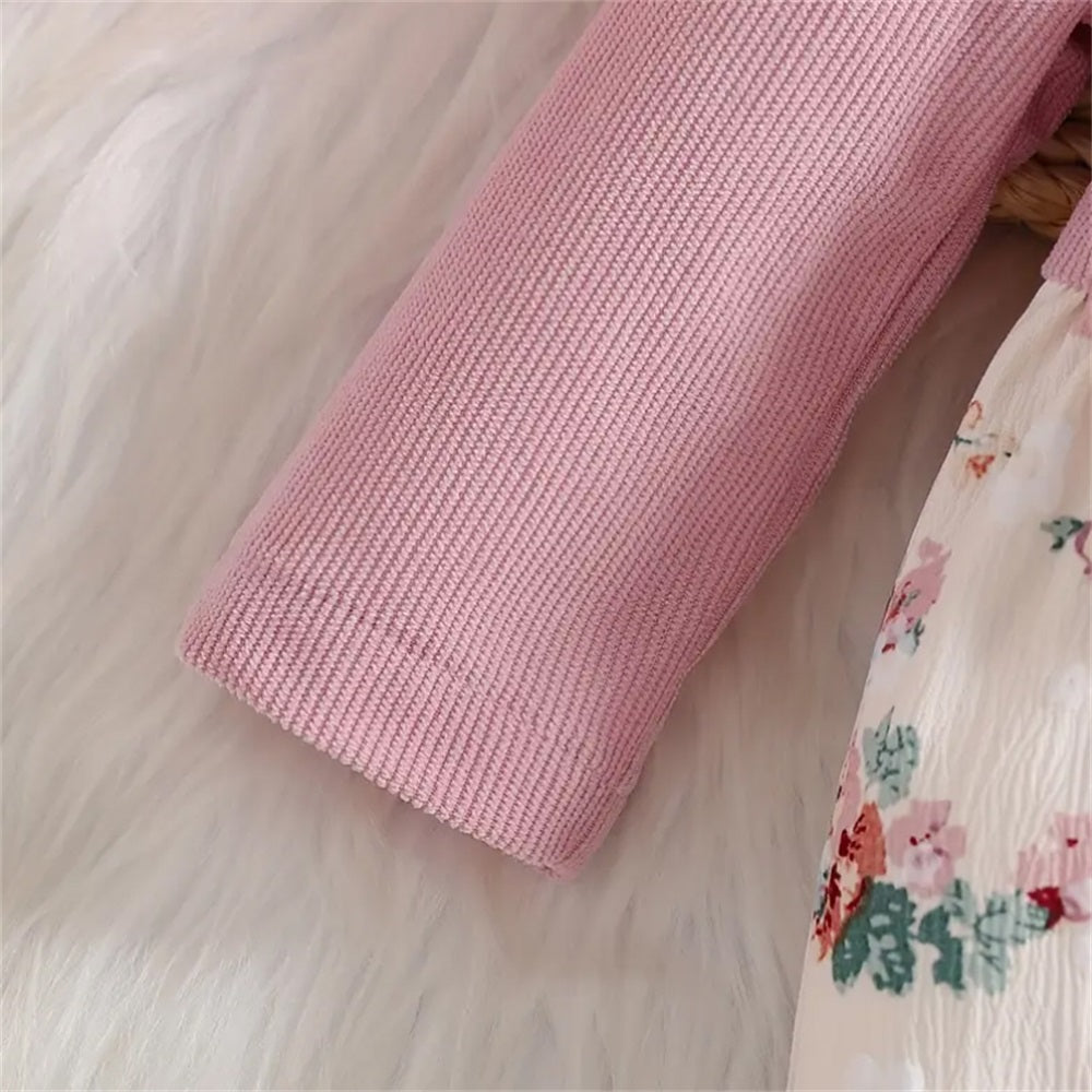 2PCS Floral Print Bow Decor Long Sleeve Baby Jumpsuit
