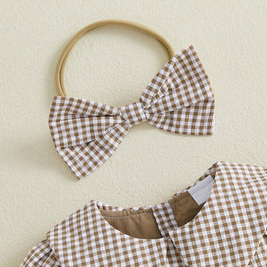 2PCS Lovely Plaid Printed Bow Embroidery Baby Romper