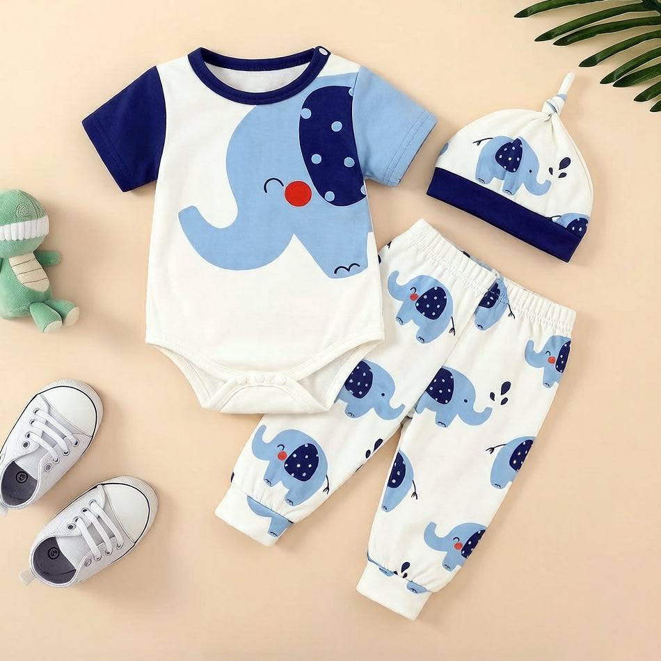 3PCS Comfy Elephant Print Short Sleeve Baby Set