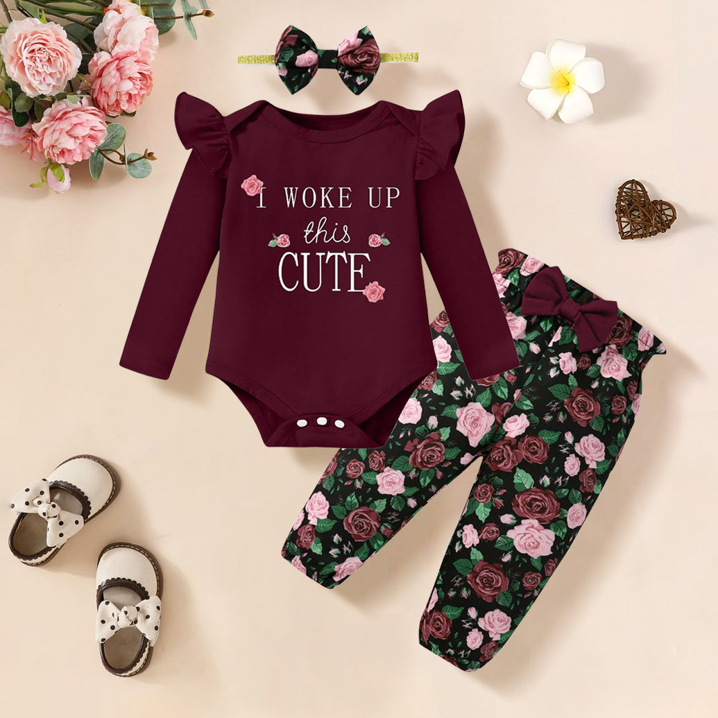 3PCS I Woke Up This Cute Letter Floral Printed Baby Set