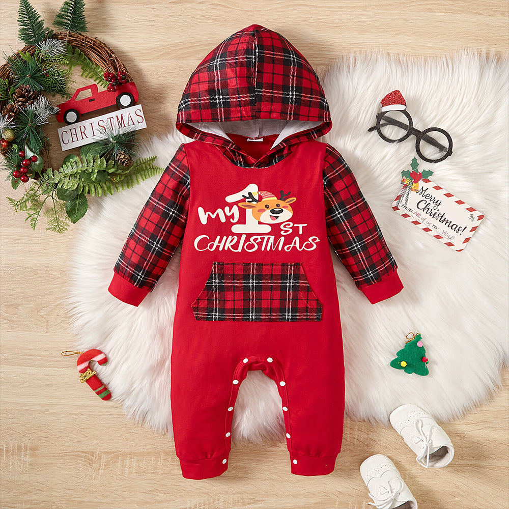 My 1st Christmas Letter Reindeer Plaid Print Baby Hoodie Jumpsuit