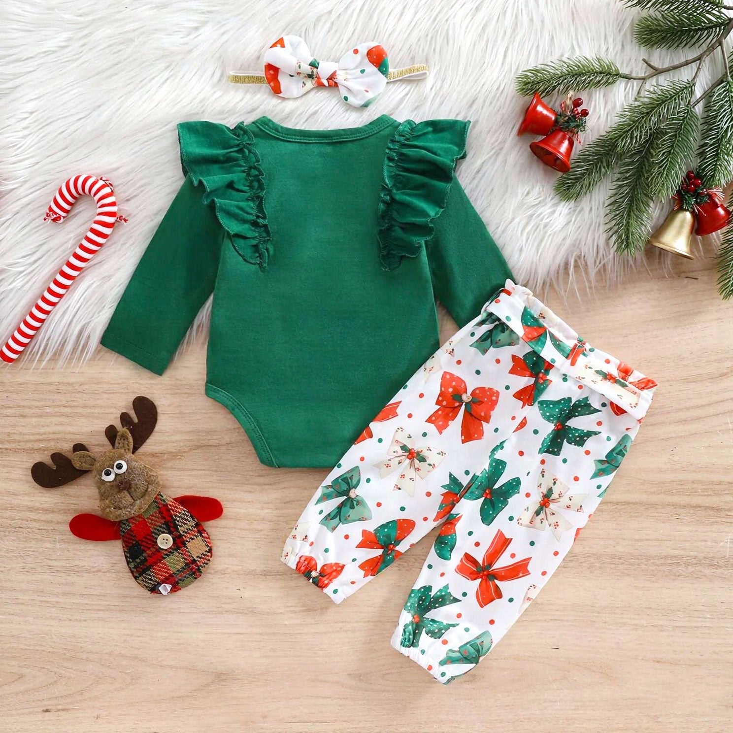 3PCS Bubbly Christmas Bow Printed Long Sleeve Baby Set