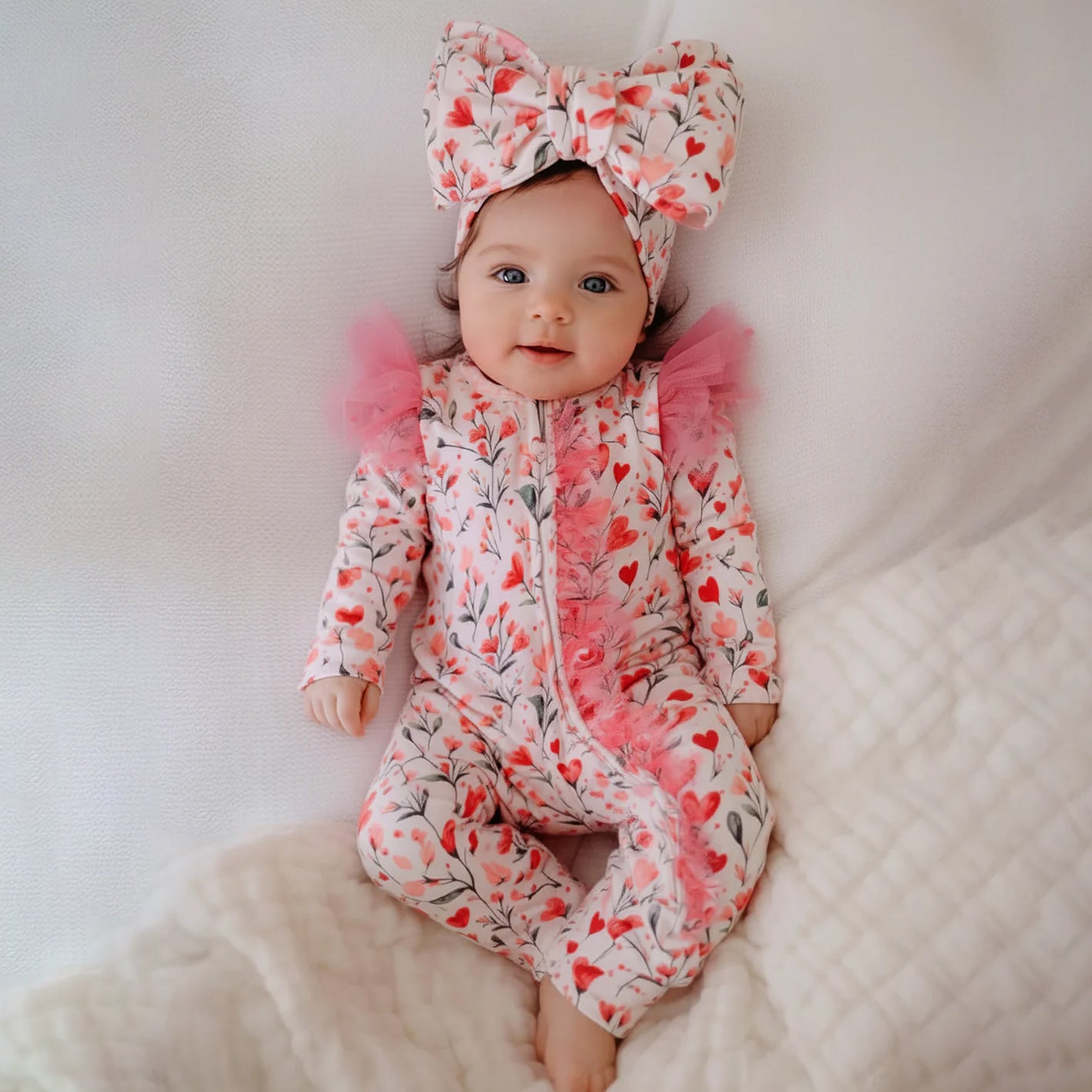 2PCS Vibrant Floral Print Tulle Zipper Long Sleeve Baby Jumpsuit